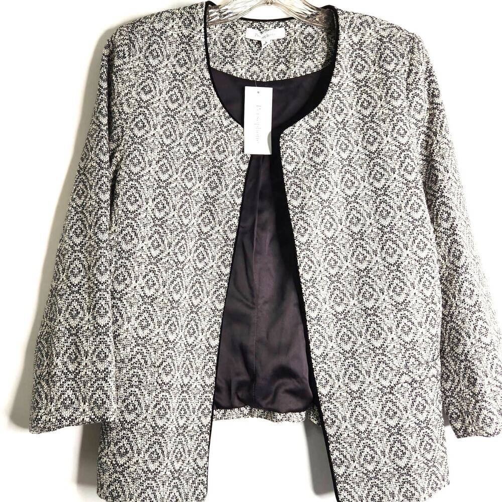 Persephone Jacket Size L Open Front Diamond Patterned Lined Tailored Look NEW